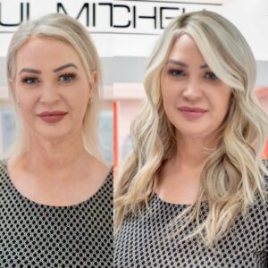 guest with hair extensions and hair topper by monaco salon
