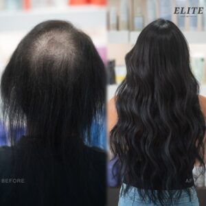 before and after hair using a hair topper and extensions